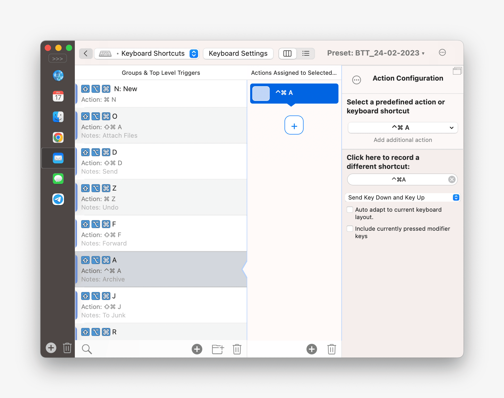 bettertouchtool mail.app keyboard shortcut